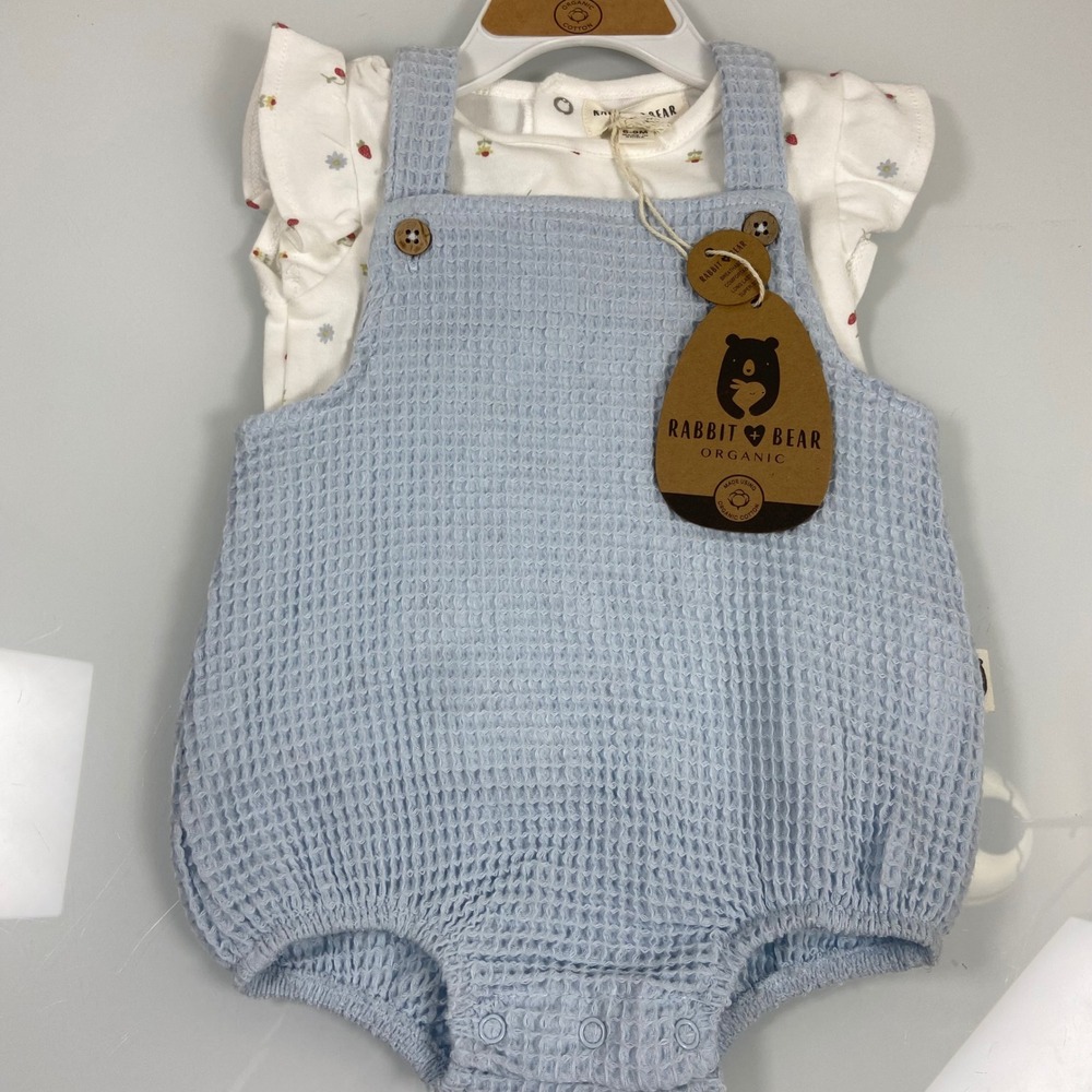 Rabbit + Bear Girl 6-9M Blue Waffle Romper‎ & Floral Top Set NEW Organic Cotton